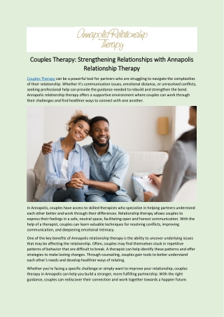 Couples Therapy: Strengthening Relationships with Annapolis Relationship Therapy