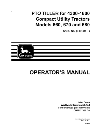 John Deere 660 670 and 680 PTO TILLER for 4300-4600 Compact Utility Tractors Operator’s Manual Instant Download (PIN0100