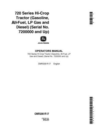 John Deere 720 Series Hi-Crop Tractor Operator’s Manual Instant Download (Pin.7200000 and up) (Publication No.OMR2061R)