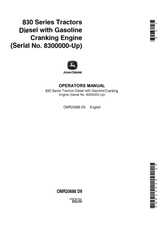 John Deere 830 Series Diesel with Gasoline Cranking Engine Tractors Operator’s Manual Instant Download (Pin.8300000-UP)