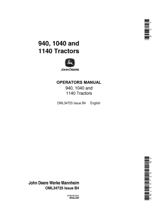 John Deere 940 1040 and 1140 Tractors Operator’s Manual Instant Download (Publication No.OML34725)