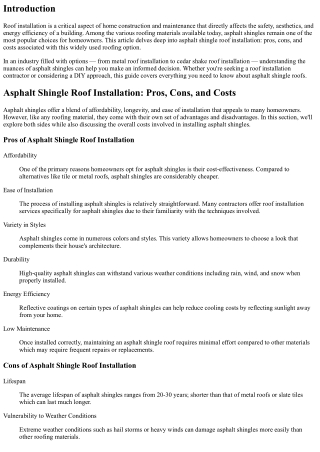 Asphalt Shingle Roof Installation: Pros, Cons, and Costs