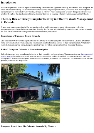 The Key Role of Timely Dumpster Delivery in Effective Waste Management in Orland
