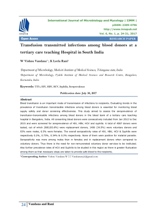 Transfusion transmitted infections among blood donors at a tertiary care teaching Hospital in South India