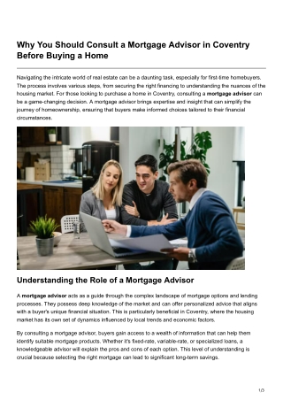 Why You Should Consult a Mortgage Advisor in Coventry Before Buying a Home
