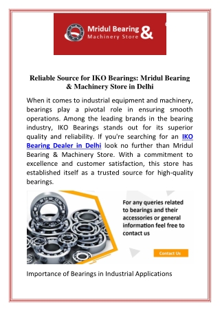 Reliable Source for IKO Bearings  Mridul Bearing & Machinery Store in Delhi