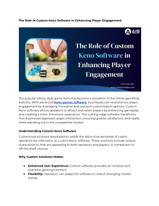 The Role of Custom Keno Software in Enhancing Player Engagement