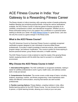 ACE Fitness Course in India : Your Gateway to a Rewarding Fitness Career