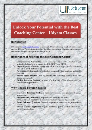 Unlock Your Potential with the Best Coaching Center – Udyam Classes