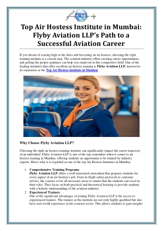 Top Air Hostess Institute in Mumbai by Flyby Aviation LLP