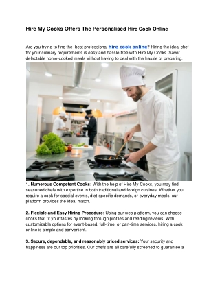 Hire My Cooks Offers The Personalised Hire Cook Online