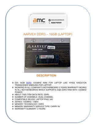 AARVEX DDR3 - 16GB (LAPTOP) - AMC Solutions  Software Installation Services in Hyderabad