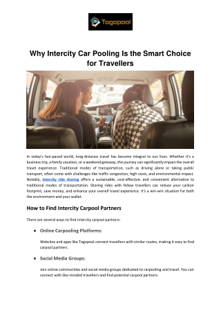 Why Intercity Car Pooling Is the Smart Choice for Travellers