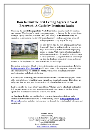 How to Find the Best Letting Agents in West Bromwich A Guide by Imminent Realty