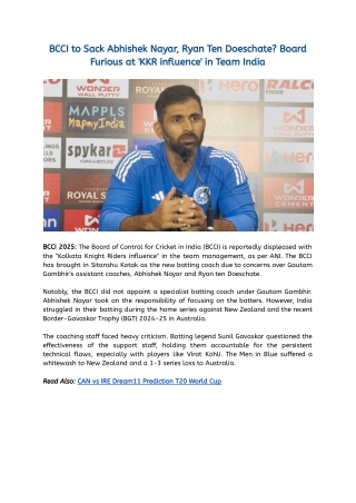 BCCI to Sack Abhishek Nayar, Ryan Ten Doeschate_ Board Furious at 'KKR influence' in Team India