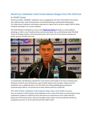 World Cup: Uzbekistan Coach Srecko Katanec Resigns from FIFA 2026 Due to Health