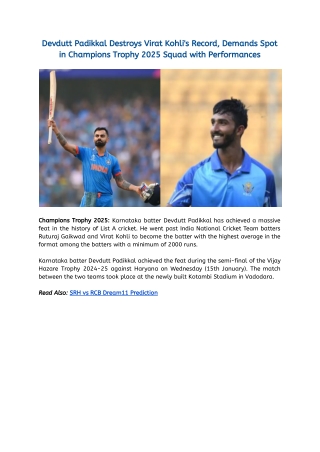Devdutt Padikkal Destroys Virat Kohli's Record, Demands Spot in Champions Trophy 2025 Squad with Performances