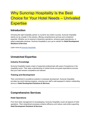 Why Suncrisp Hospitality Is the Best Choice for Your Hotel Needs – Unrivaled Expertise