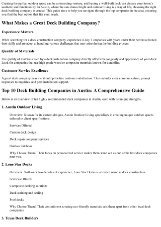 Top 10 Deck Building Companies in Austin: A Comprehensive Guide