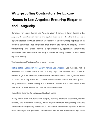 Waterproofing Contractor for Luxury homes Los Angeles