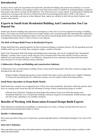 Experts in Small-Scale Residential Building And Construction You Can Rely Upon