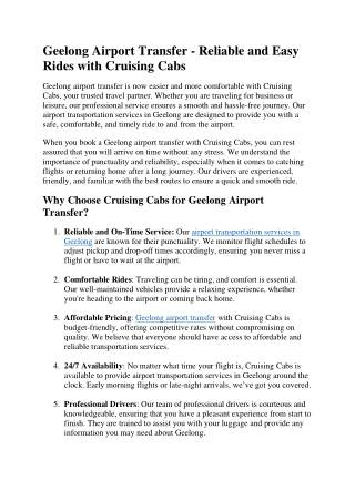Geelong Airport Transfer - Reliable and Easy Rides with Cruising Cabs