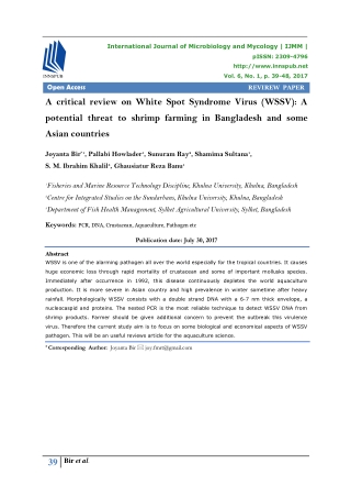 A critical review on White Spot Syndrome Virus (WSSV): A potential threat