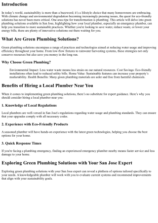 “Exploring Green Plumbing Solutions with Your San Jose Expert”