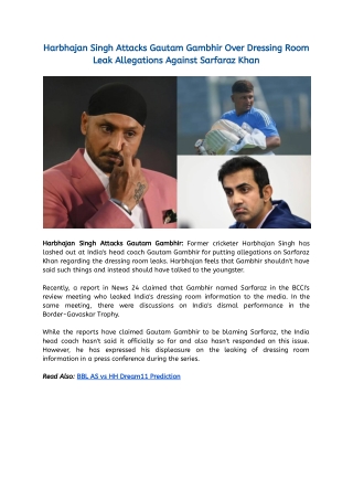 Harbhajan Singh Attacks Gautam Gambhir Over Dressing Room Leak Allegations Against Sarfaraz Khan