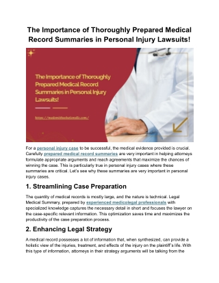 The Importance of Thoroughly Prepared Medical Record Summaries in Personal Injury Lawsuits!