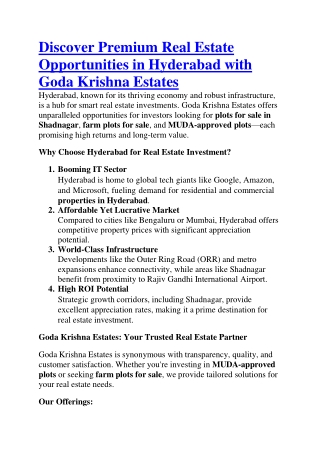 "Farm Plots for Sale: Unlock Profitable Investment Opportunities in Hyderabad"