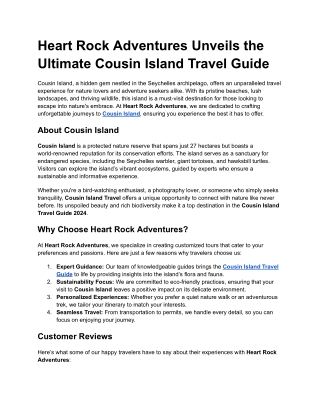 Heart Rock Adventures Unveils the Ultimate Cousin Island Travel Guide