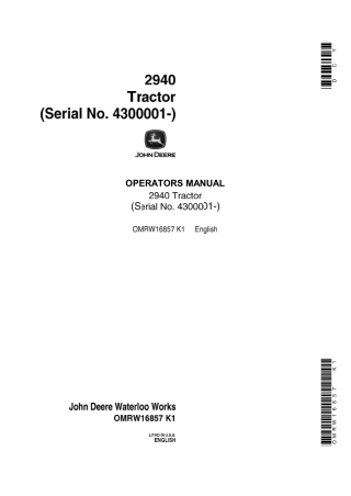 John Deere 2940 Tractor Operator’s Manual Instant Download (Pin.4300001-) (Publication No.OMRW16857)