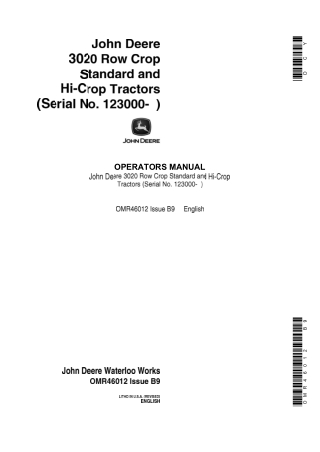 John Deere 3020 Row-Crop Standard and Hi-Crop Tractors Operator’s Manual Instant Download (Pin.123000-) (Publication No.