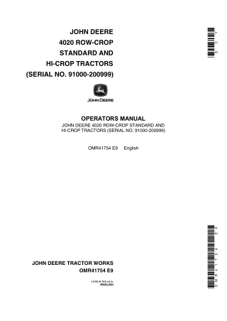 John Deere 4020 Row-Crop Standard and Hi-Crop Tractors Operator’s Manual Instant Download (Pin.91000-200999) (Publicatio