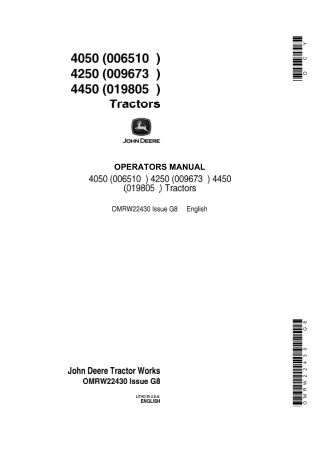John Deere 4050 4250 4450 Tractors Operator’s Manual Instant Download (Publication No.OMRW22430)
