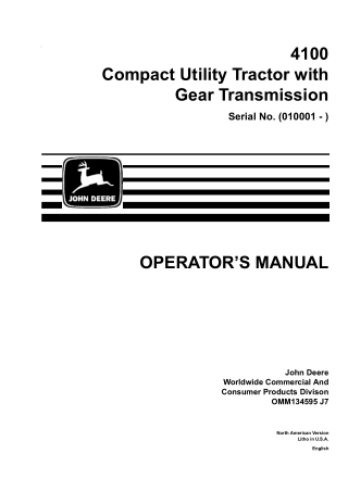 John Deere 4100 Compact Utility Tractor With Gear Transmission Operator’s Manual Instant Download (PIN010001-) (Publicat