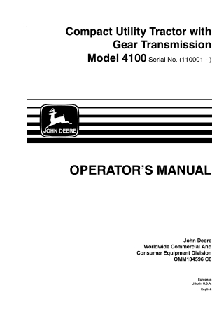 John Deere 4100 Compact Utility Tractor With Gear Transmission Operator’s Manual Instant Download (PIN110001-) (Publicat