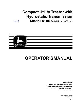 John Deere 4100 Compact Utility Tractors With Hydrostatic Transmission Operator’s Manual Instant Download (PIN110001-) (