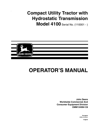 John Deere 4100 Compact Utility Tractors With Hydrostatic Transmission Operator’s Manual Instant Download (PIN110001-) (