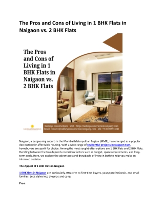 The Pros and Cons of Living in 1 BHK Flats in Naigaon vs