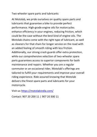 Two wheeler spare parts and lubricants