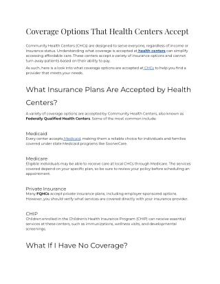 Coverage Options that Health Centers Accept