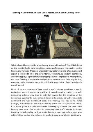 Making A Difference In Your Car’s Resale Value With Quality Floor Mats