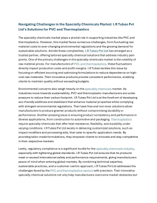 Navigating Challenges in the Specialty Chemicals Market - I.R Tubes Pvt Ltd’s Solutions for PVC and Thermoplastics