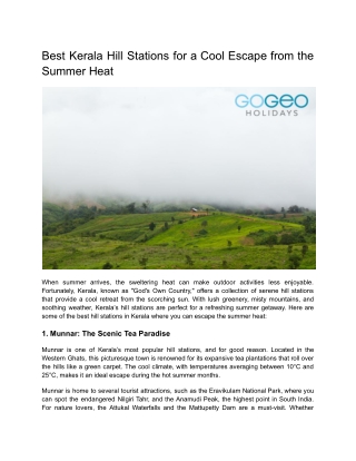 Best Kerala Hill Stations for a Cool Escape from the Summer Heat