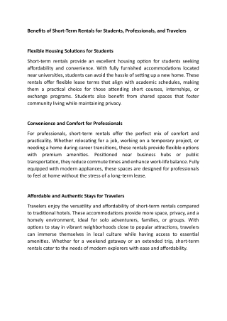 Benefits of Short-Term Rentals for Students, Professionals, and Travelers