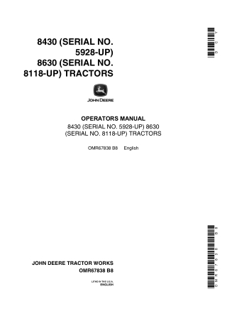 John Deere 8430 and 8630 Tractors Operator’s Manual Instant Download (Pin.84305928-up 86308118-up) (Publication No.OMR67