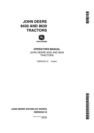 John Deere 8430 and 8630 Tractors Operator’s Manual Instant Download (Publication No.OMR65222)