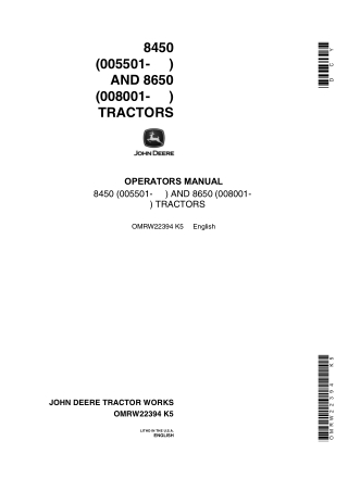 John Deere 8450 and 8650 Tractors Operator’s Manual Instant Download (Pin.8450005501- 8650008001-) (Publication No.OMRW2